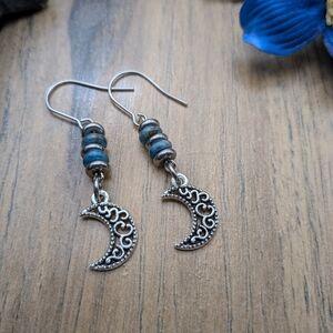 Silver Crescent Moon Earrings with Blue Accents, Celestial, Boho